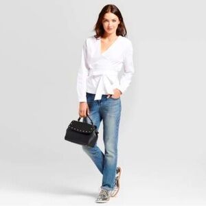 A New Day white 97% cotton 3% spandex wrap top with long attached belt. Boho XXL